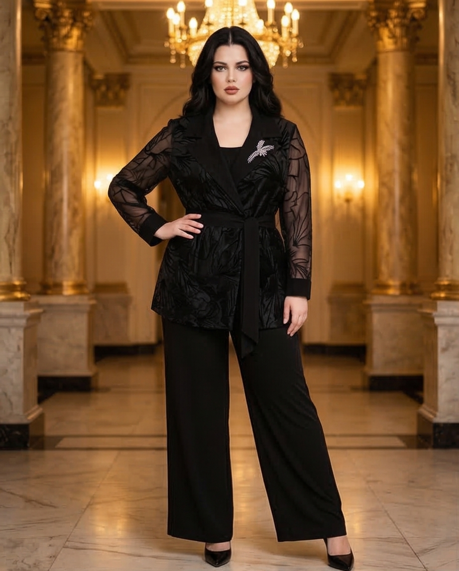 208 Plus Size 3-Piece Black Set – Crepe Trousers & Top with Belted Devoré Organza Cardigan