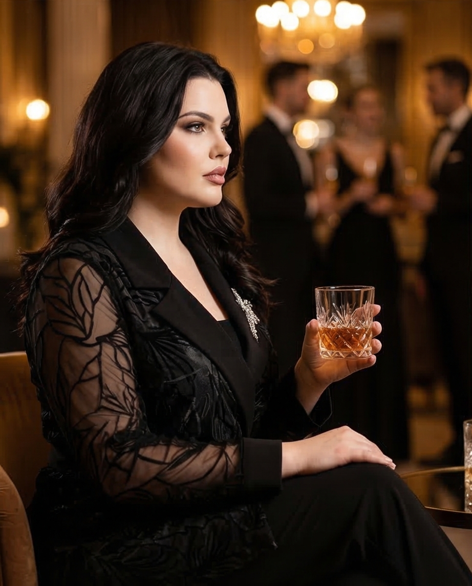 208 Plus Size 3-Piece Black Set – Crepe Trousers & Top with Belted Devoré Organza Cardigan