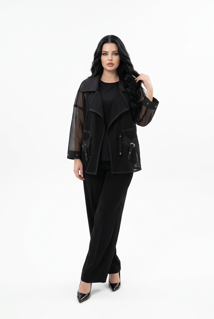 207  Plus Size Black 3-Piece Set – Crystal Jersey Ensemble & Sheer Organza Cardigan