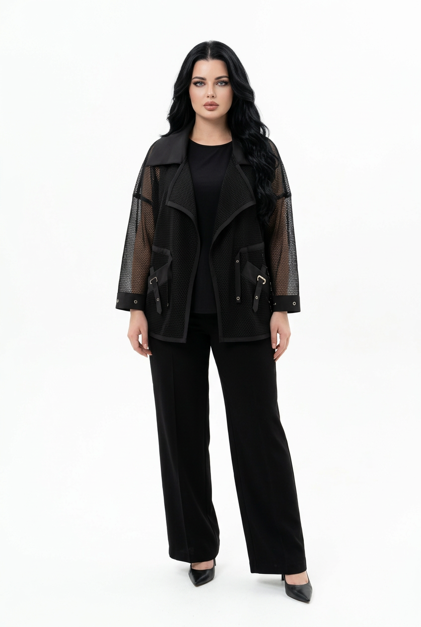 207  Plus Size Black 3-Piece Set – Crystal Jersey Ensemble & Sheer Organza Cardigan