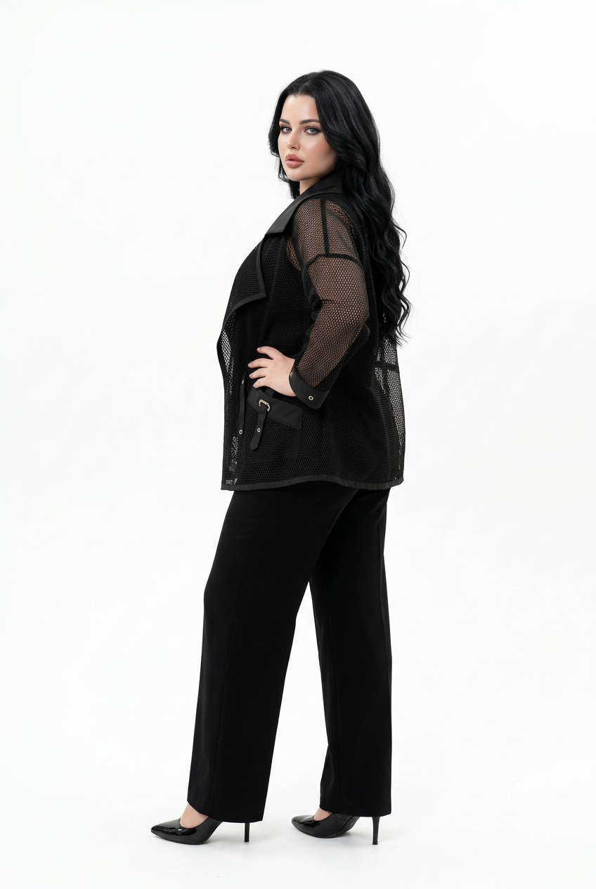 207  Plus Size Black 3-Piece Set – Crystal Jersey Ensemble & Sheer Organza Cardigan