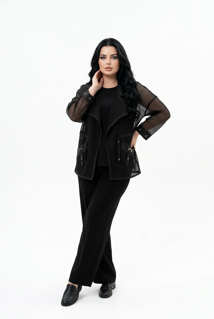 207  Plus Size Black 3-Piece Set – Crystal Jersey Ensemble & Sheer Organza Cardigan