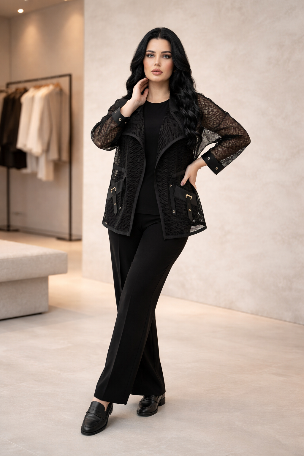 207  Plus Size Black 3-Piece Set – Crystal Jersey Ensemble & Sheer Organza Cardigan