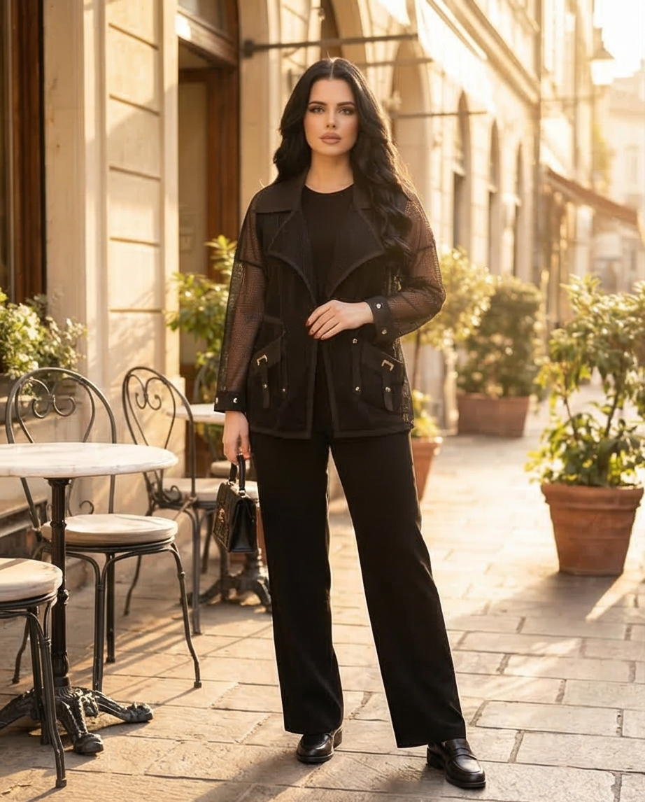 207  Plus Size Black 3-Piece Set – Crystal Jersey Ensemble & Sheer Organza Cardigan