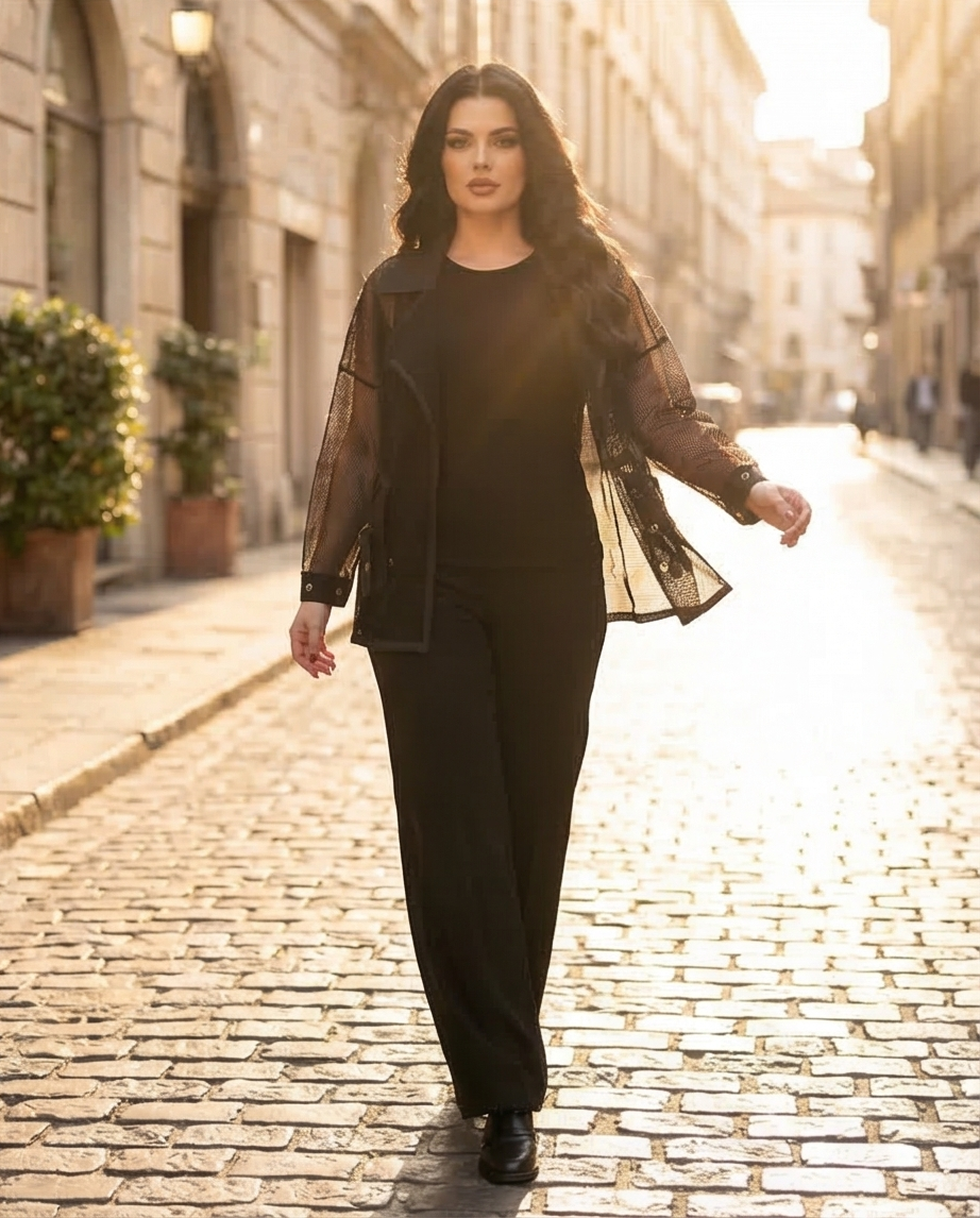 207  Plus Size Black 3-Piece Set – Crystal Jersey Ensemble & Sheer Organza Cardigan