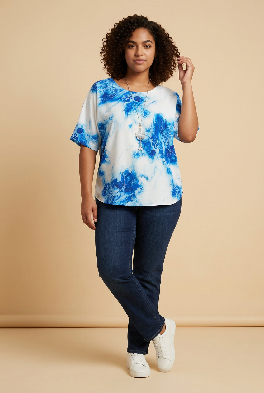 206  Georgette Blouse – Light Blue & White Digital Abstract Print