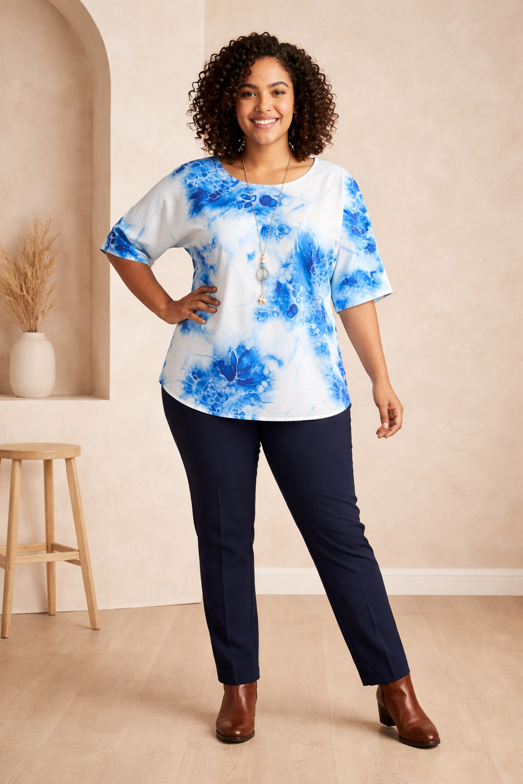 206  Georgette Blouse – Light Blue & White Digital Abstract Print