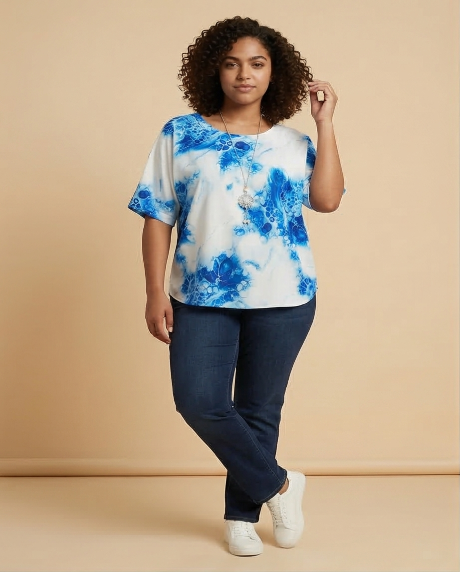 206  Georgette Blouse – Light Blue & White Digital Abstract Print