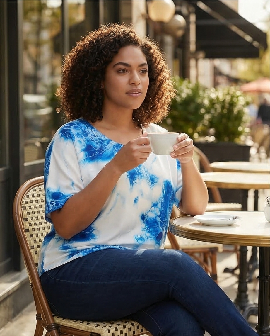 206  Georgette Blouse – Light Blue & White Digital Abstract Print