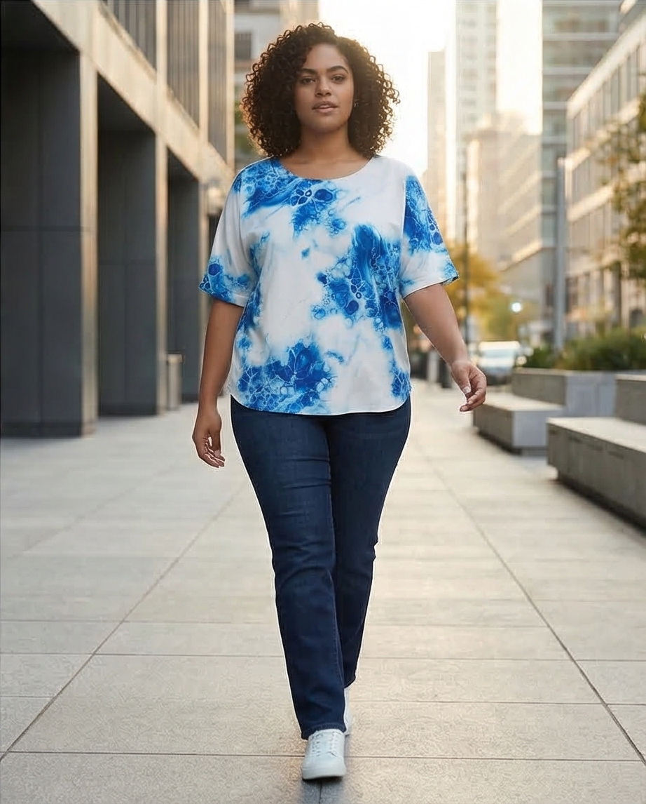 206  Georgette Blouse – Light Blue & White Digital Abstract Print