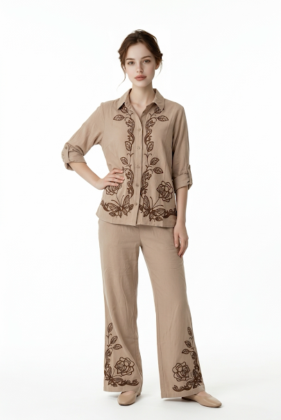 222   Beige Luxury Cotton Embroidered Set