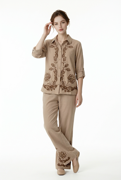 222   Beige Luxury Cotton Embroidered Set