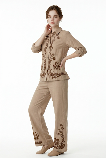 222   Beige Luxury Cotton Embroidered Set