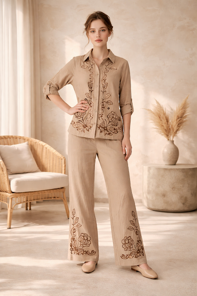 222   Beige Luxury Cotton Embroidered Set