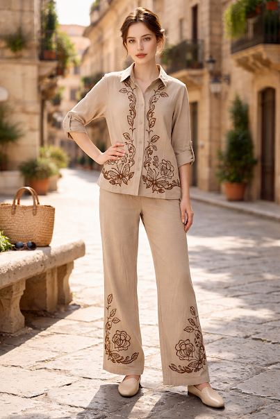 222   Beige Luxury Cotton Embroidered Set