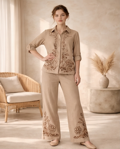 222   Beige Luxury Cotton Embroidered Set