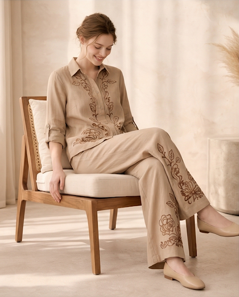 222   Beige Luxury Cotton Embroidered Set