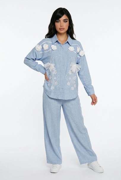 231   Sky Blue Cotton Co-ord Set with White Embroidery