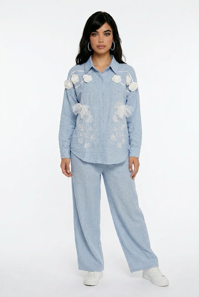 231   Sky Blue Cotton Co-ord Set with White Embroidery