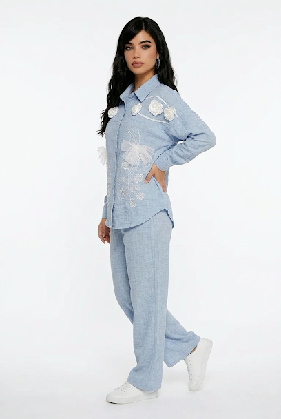 231   Sky Blue Cotton Co-ord Set with White Embroidery
