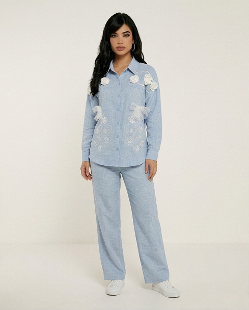 231   Sky Blue Cotton Co-ord Set with White Embroidery