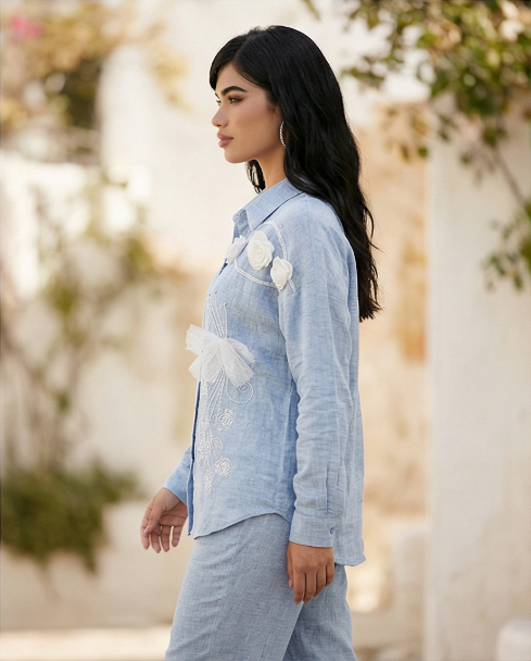 231   Sky Blue Cotton Co-ord Set with White Embroidery