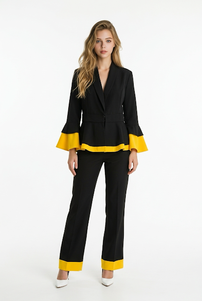 232   Black Luxury Crepe Suit Set with Yellow Contrast Trims