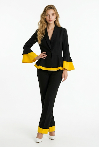 232   Black Luxury Crepe Suit Set with Yellow Contrast Trims