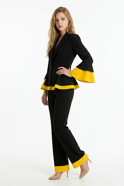 232   Black Luxury Crepe Suit Set with Yellow Contrast Trims