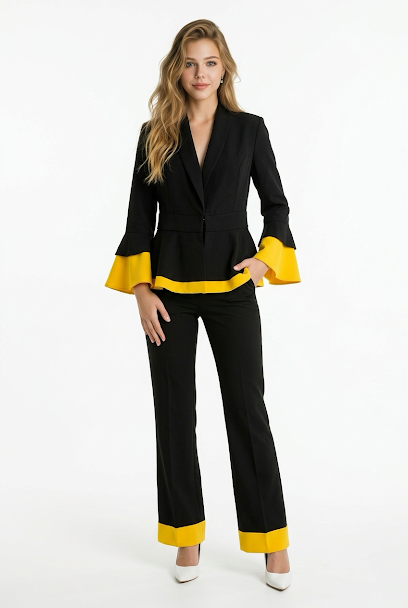 232   Black Luxury Crepe Suit Set with Yellow Contrast Trims