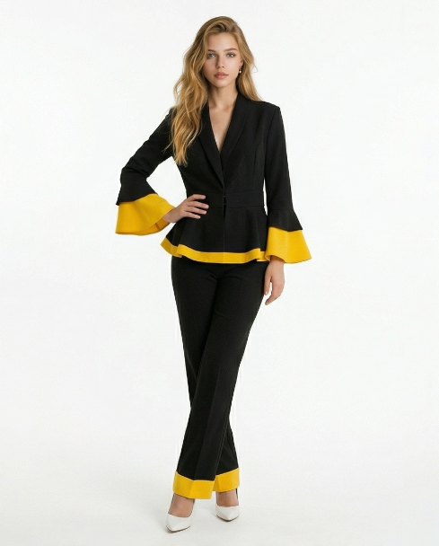 232   Black Luxury Crepe Suit Set with Yellow Contrast Trims