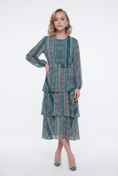 235   Chiffon Ruffle Dress in Petrol & Green Hues