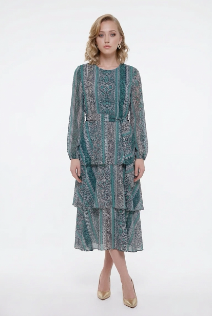 235   Chiffon Ruffle Dress in Petrol & Green Hues