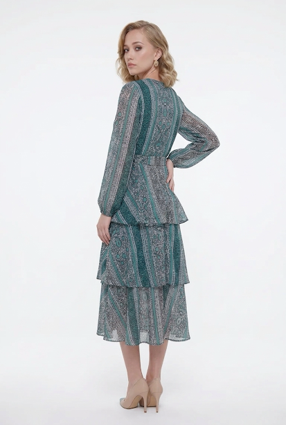 235   Chiffon Ruffle Dress in Petrol & Green Hues
