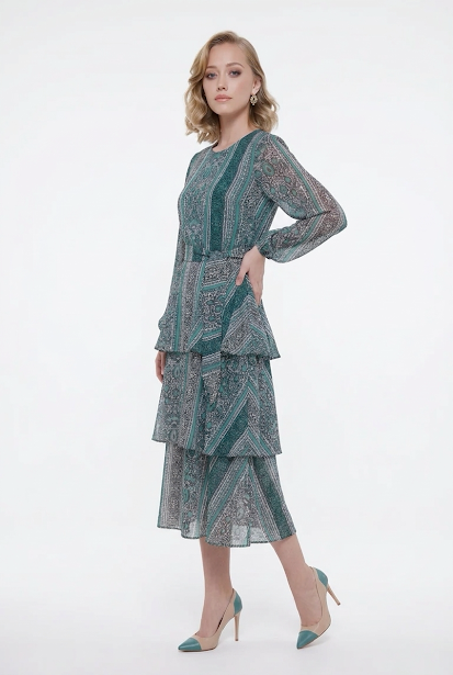 235   Chiffon Ruffle Dress in Petrol & Green Hues