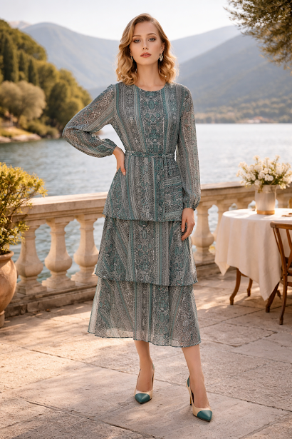 235   Chiffon Ruffle Dress in Petrol & Green Hues