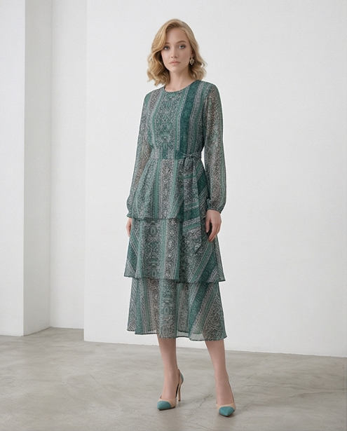 235   Chiffon Ruffle Dress in Petrol & Green Hues