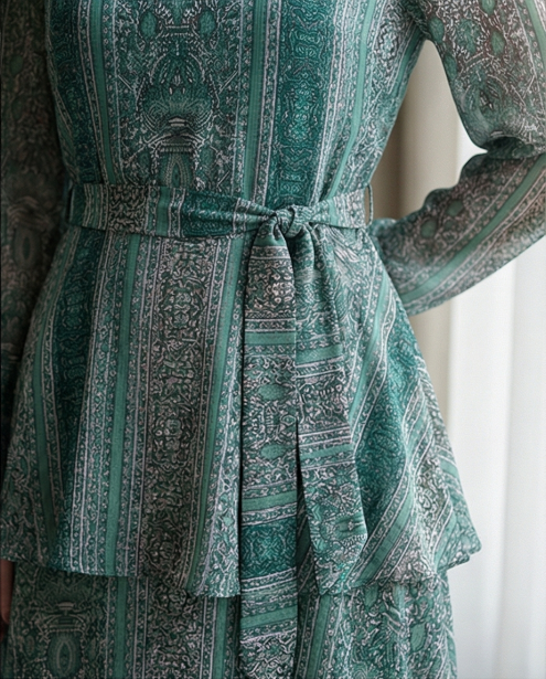 235   Chiffon Ruffle Dress in Petrol & Green Hues