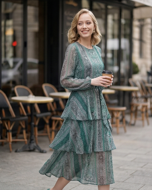235   Chiffon Ruffle Dress in Petrol & Green Hues