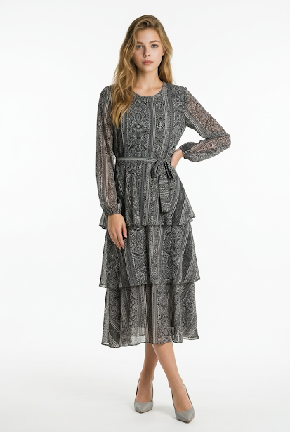 236   Chiffon Ruffle Dress in Grey Tones with Matching Belt