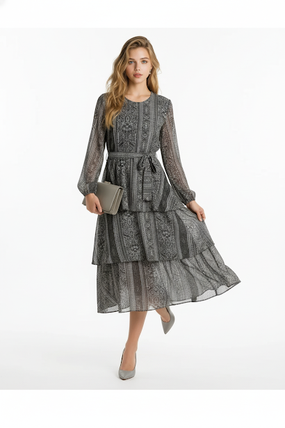 236   Chiffon Ruffle Dress in Grey Tones with Matching Belt