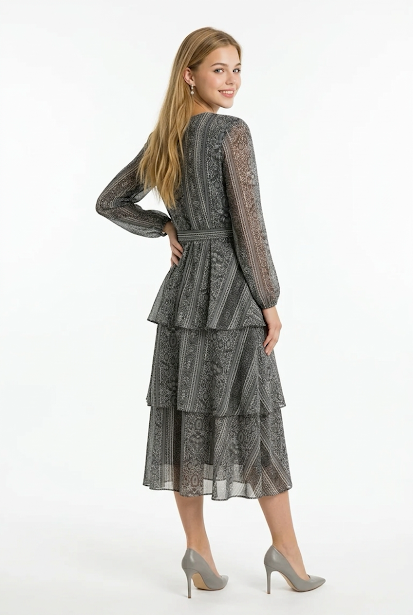 236   Chiffon Ruffle Dress in Grey Tones with Matching Belt