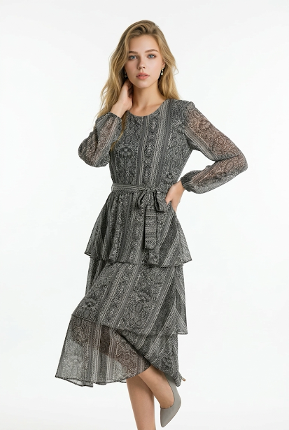236   Chiffon Ruffle Dress in Grey Tones with Matching Belt