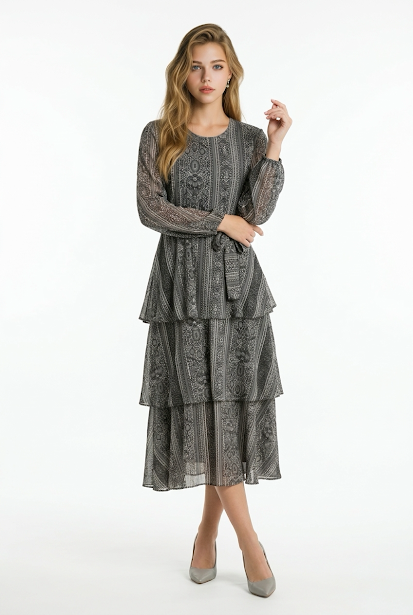 236   Chiffon Ruffle Dress in Grey Tones with Matching Belt