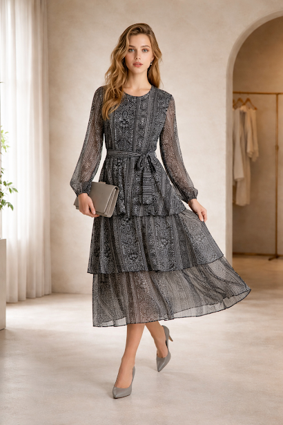 236   Chiffon Ruffle Dress in Grey Tones with Matching Belt