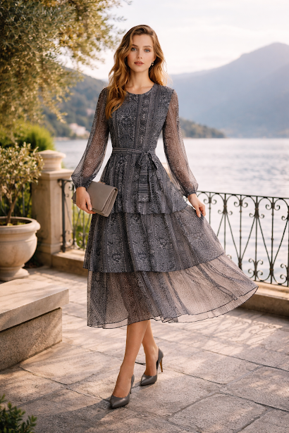 236   Chiffon Ruffle Dress in Grey Tones with Matching Belt