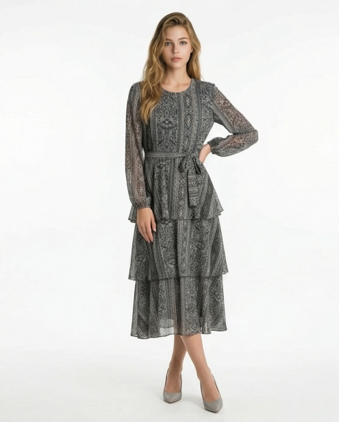 236   Chiffon Ruffle Dress in Grey Tones with Matching Belt