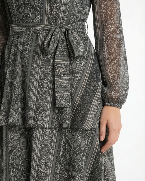 236   Chiffon Ruffle Dress in Grey Tones with Matching Belt