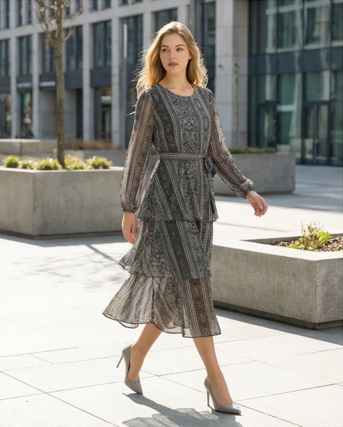 236   Chiffon Ruffle Dress in Grey Tones with Matching Belt