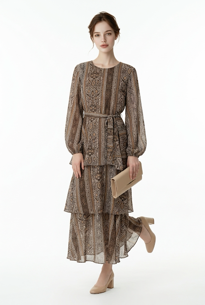 237   Chiffon Ruffle Dress in Brown Tones with Matching Belt